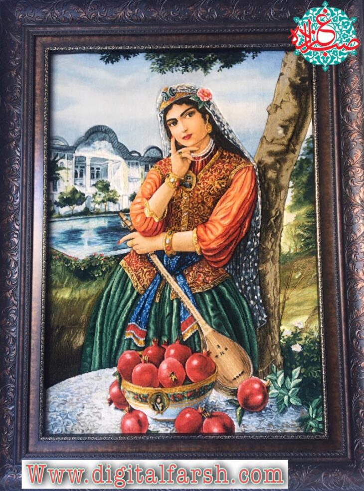 تابلو فرش دستباف دختر قاجاری طولی چله ابریشم گل ابریشم برجسته ۵۰رج